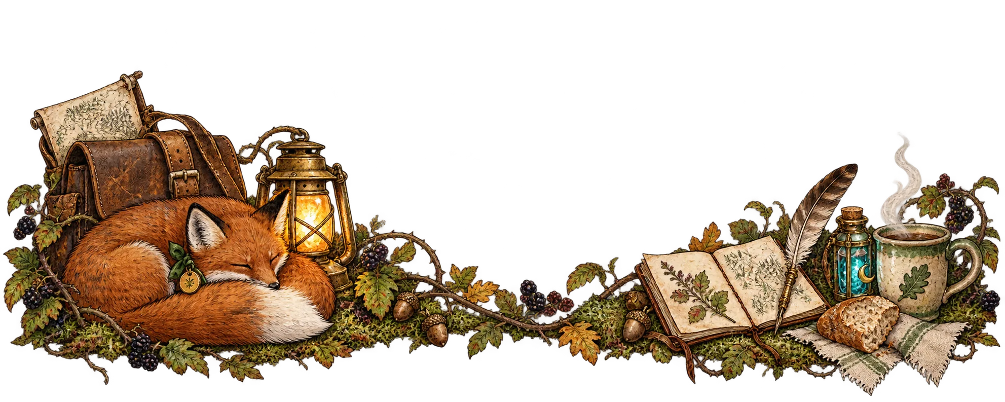 Pip the red fox, wearing his green ribbon and brass tag, sleeps beside a lantern and travel satchel. Briars curl past a notebook, aether vial, tea, and bread.